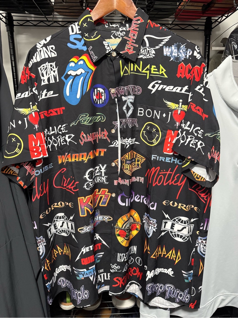 Men's Black Graphic Rock Band Logo Button-Down Shirt